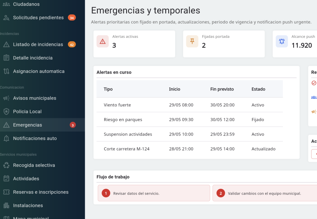 Pantalla que muestra la interface de las emergencias en el software de ayuntamientos