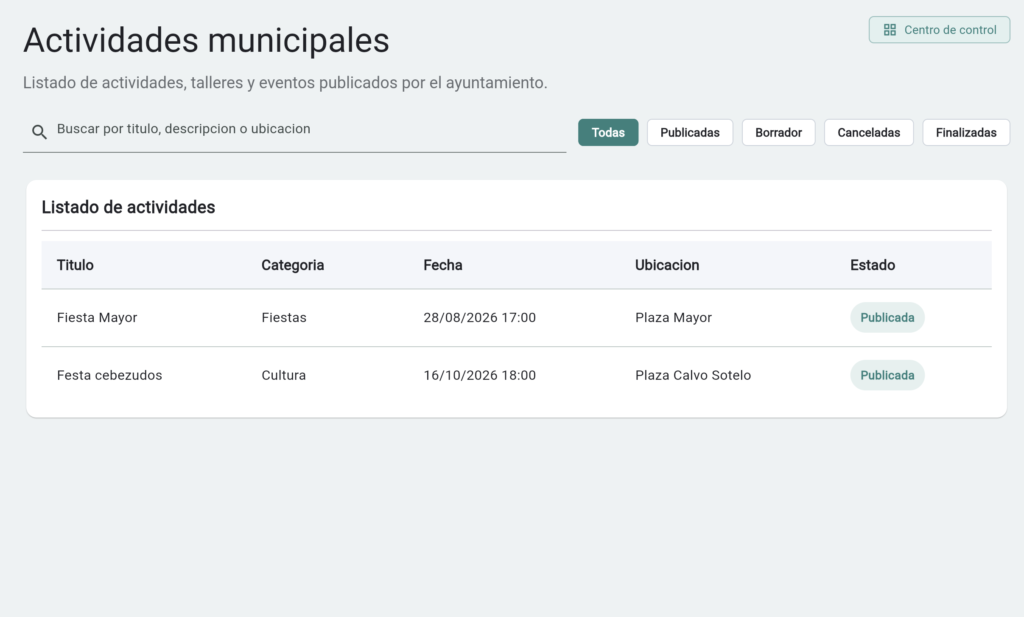 software para ayuntamientos actividades list